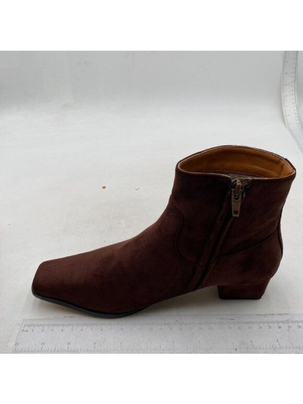Brown Women Closed Square Toe Booties Low Block Heels Side Zipper Ankle Boot